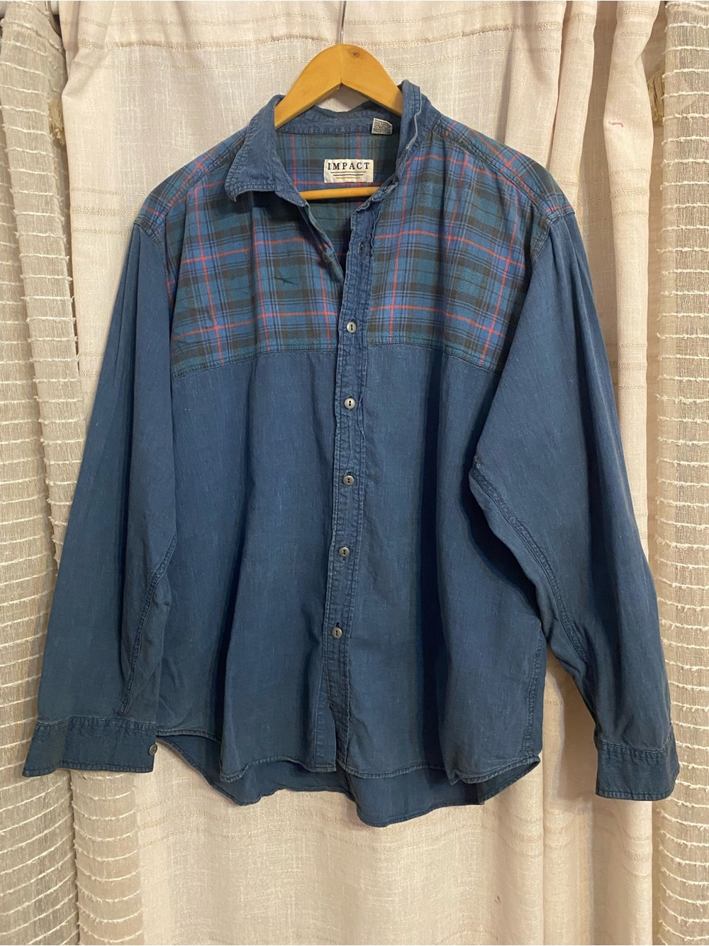 Vintage 90s Impact Mixed Media Plaid Flannel Chambray Shirt Mens XL